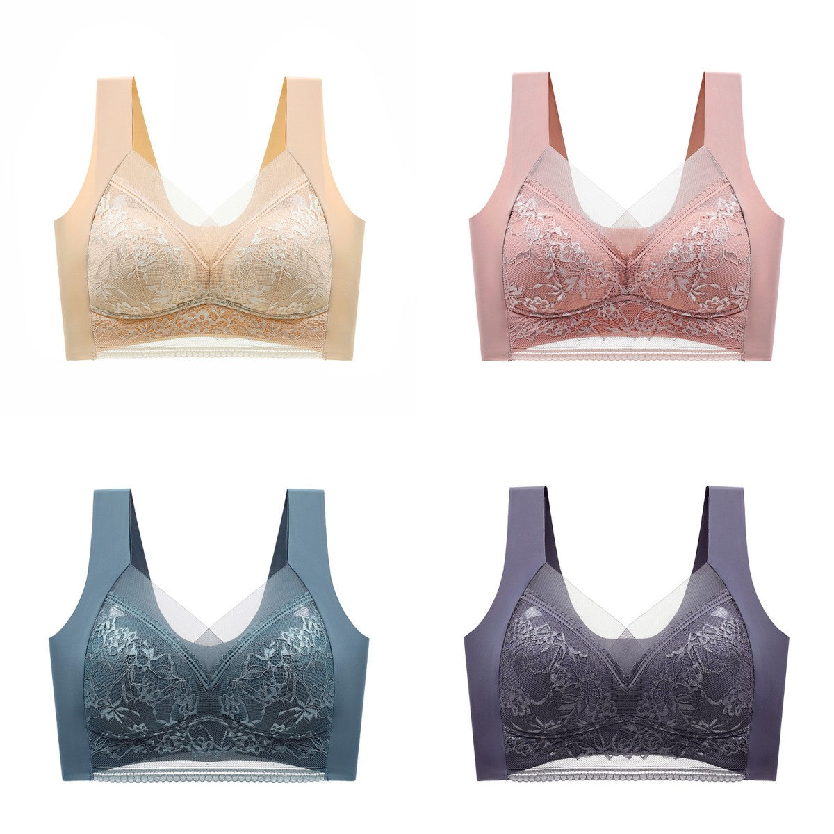 🥰【1 komplet 4 sztuki】👙【40-110 KG】Damski wygodny, bezszwowy koronkowy biustonosz-3878306