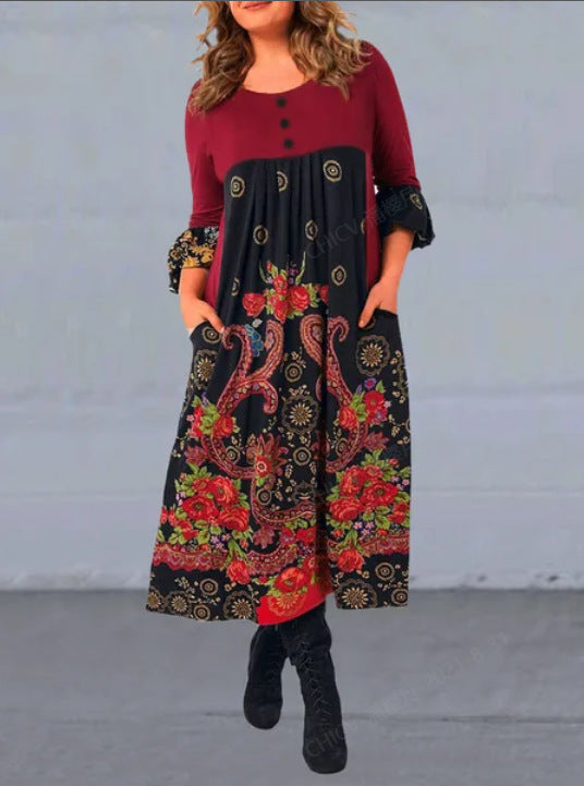 【S-5XL】👗2025 nowa, jesienna i zimowa sukienka na co dzień z długimi rękawami i nadrukiem w stylu retro-3899038