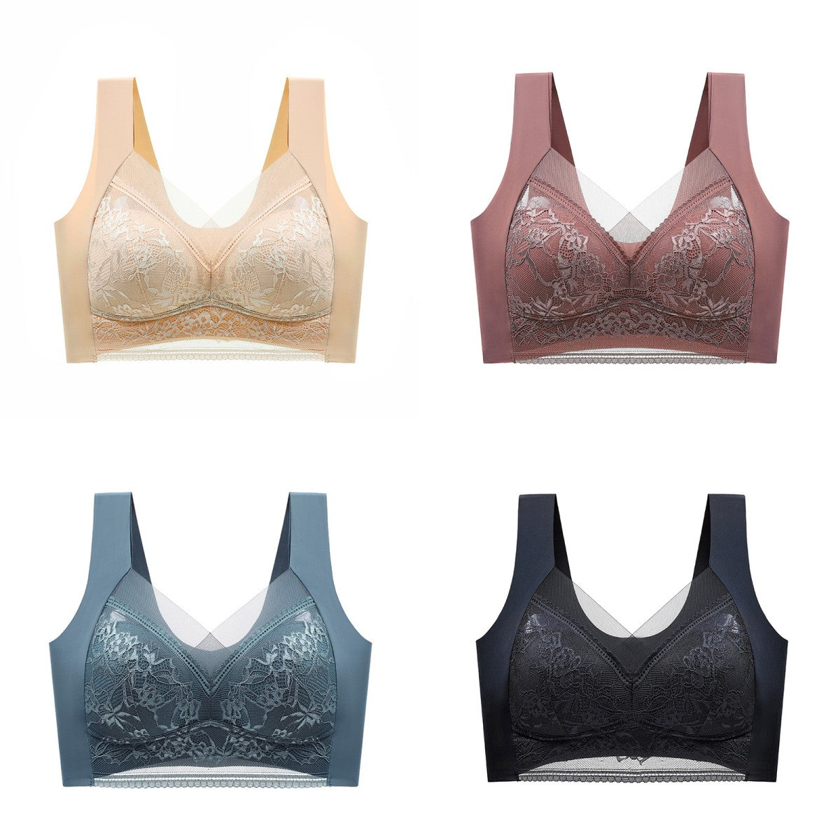 🥰【1 komplet 4 sztuki】👙【40-110 KG】Damski wygodny, bezszwowy koronkowy biustonosz-3878306