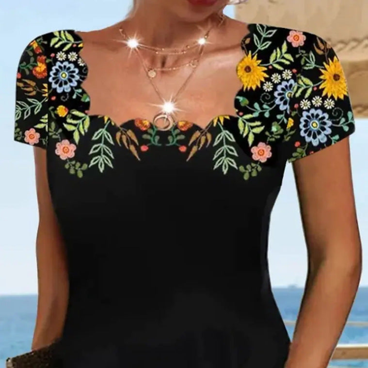 【Oryginalna zniżka fabryczna 45%】2025 Summer Wave Neck Print Short Sleeve Dress