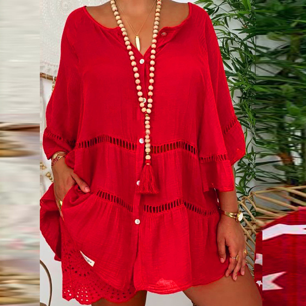 【S-5XL】 Nowy top damski z lnu bawełnianego z luźnym dekoltem w szpic-3923684