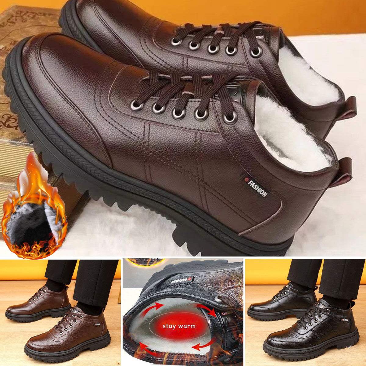🔥【39-44】 Zimowe, ciepłe męskie skórzane buty z grubą podeszwą-3794219
