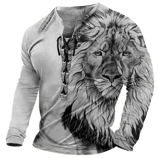 【Rabat fabryczny 45%】【S-4XL】 Męska koszulka z nadrukiem 3D z nadrukiem lwa, na co dzień, z długim rękawem