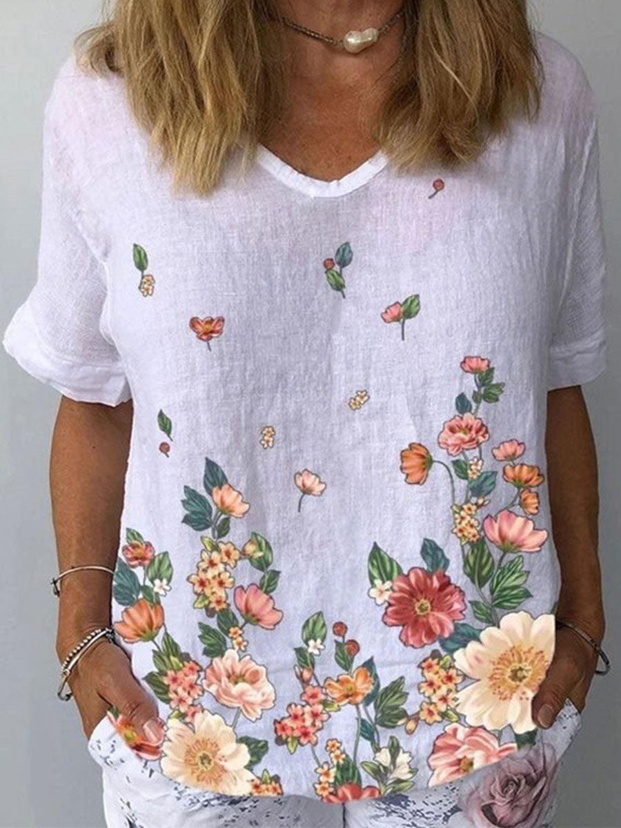 【Wiosenne nowości】【S-5XL】T-shirt z krótkim rękawem i bawełnianą lnianą nadrukiem w kwiaty-3916494
