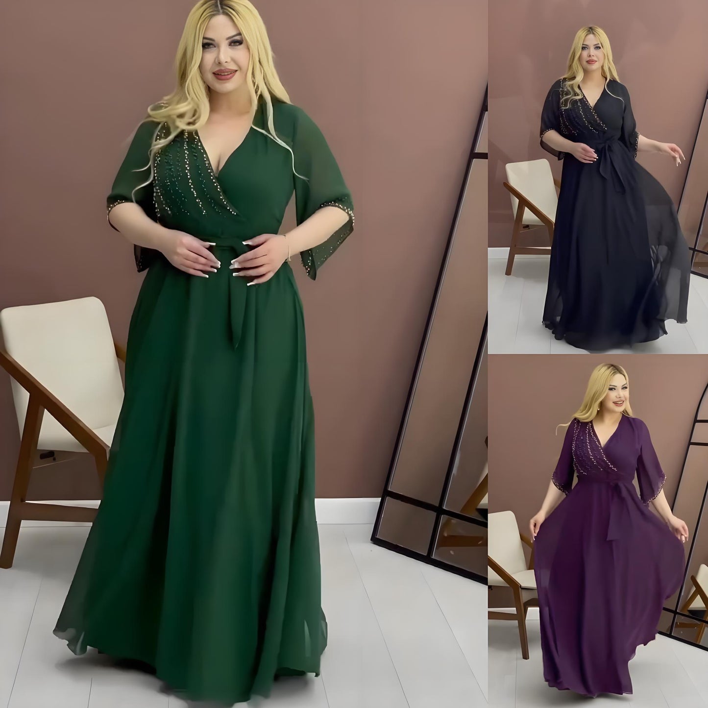 🔥✨【Vânzare fierbinte🔥】【S-5XL】 Rochie de înaltă calitate cu decolteu în V, la modă și elegantă, în stil nou 2025
