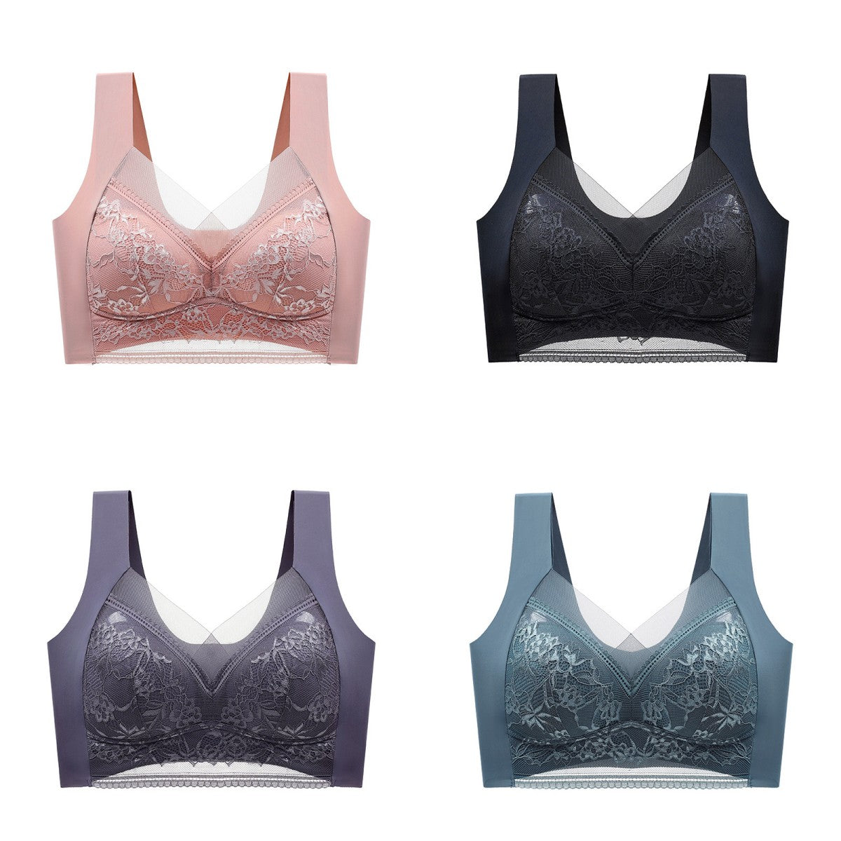 🥰【1 komplet 4 sztuki】👙【40-110 KG】Damski wygodny, bezszwowy koronkowy biustonosz-3878306
