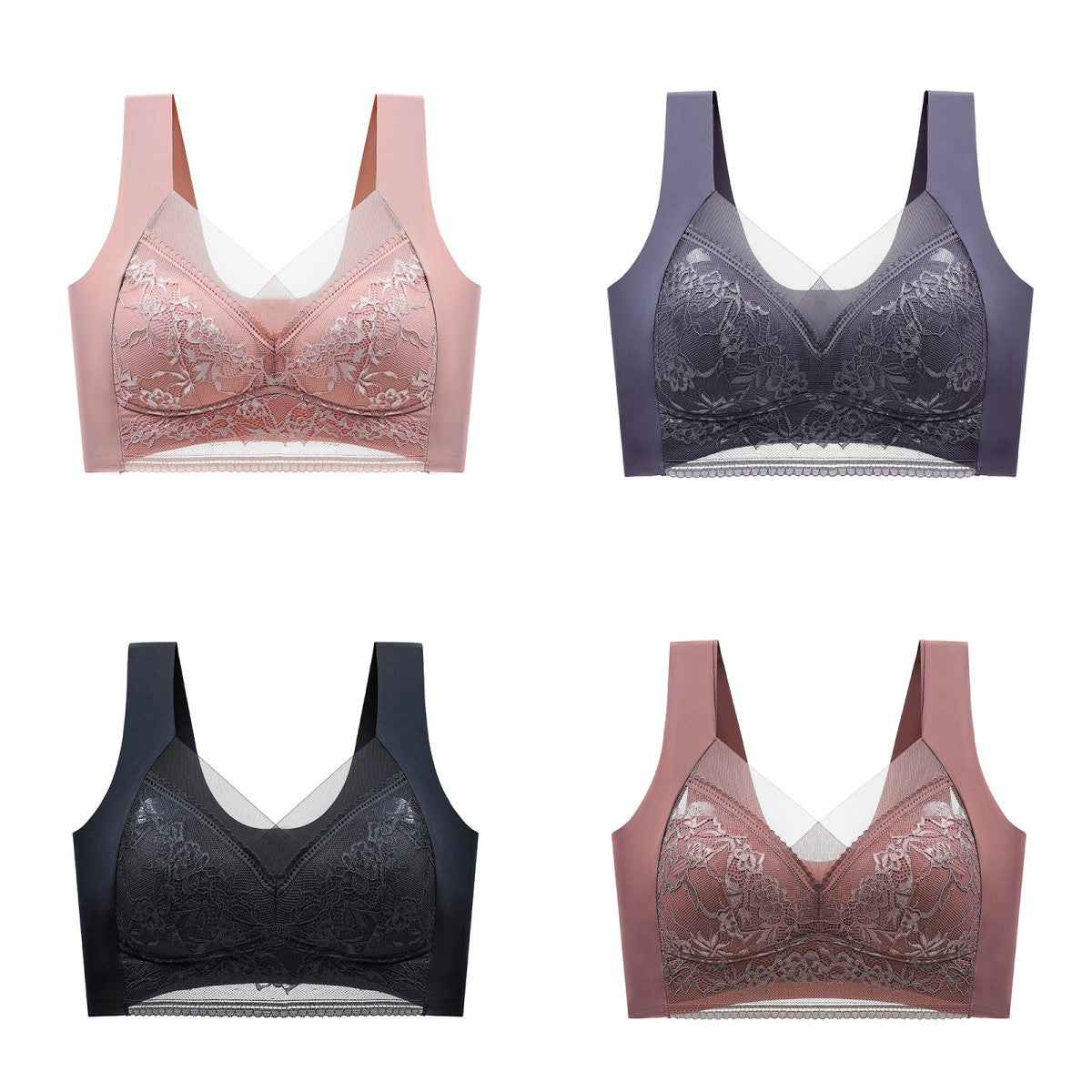 🥰【1 komplet 4 sztuki】👙【40-110 KG】Damski wygodny, bezszwowy koronkowy biustonosz-3878306