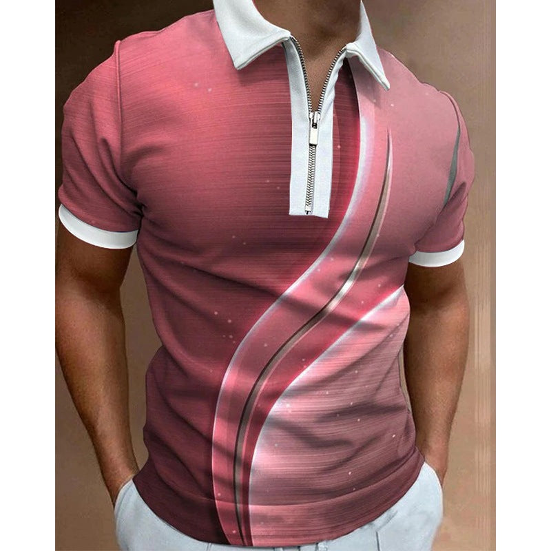 【45% zniżki】Polo pentru bărbați, cu fermoar și rever, casual, imprimat, cu mâneci scurte