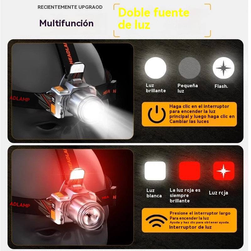 🔥Linterna frontal con reflector para acampar al aire libre 🔦Lámpara LED recargable de larga duración para pesca nocturna y minería