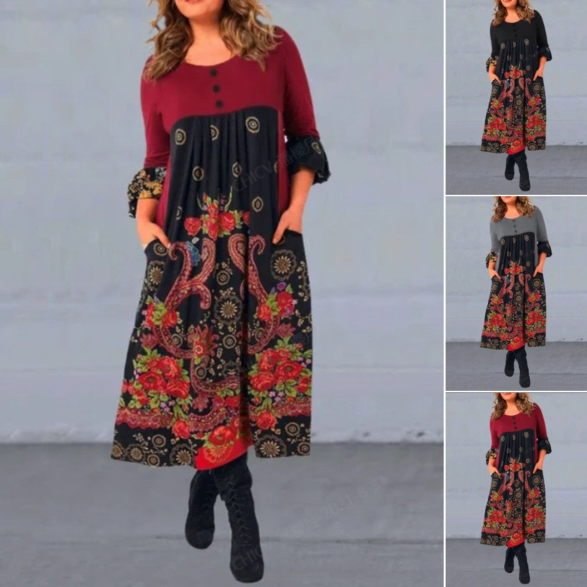 【S-5XL】👗2025 nowa, jesienna i zimowa sukienka na co dzień z długimi rękawami i nadrukiem w stylu retro-3899038