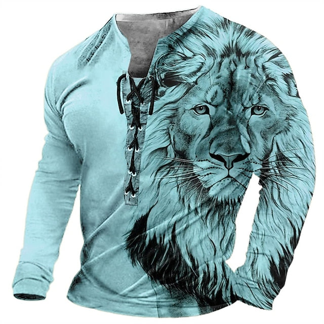 【Rabat fabryczny 45%】【S-4XL】 Męska koszulka z nadrukiem 3D z nadrukiem lwa, na co dzień, z długim rękawem
