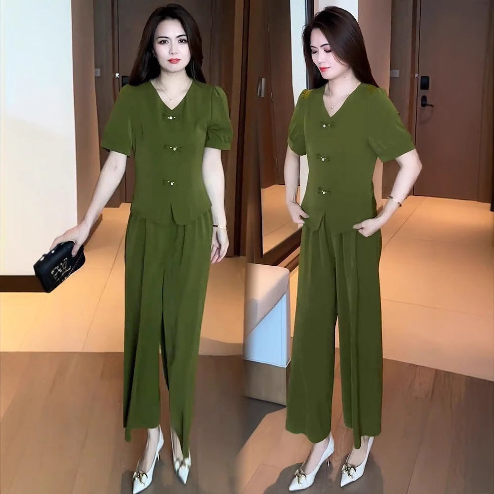 🌸【Top + Pantalones anchos】Traje de seda helada de moda