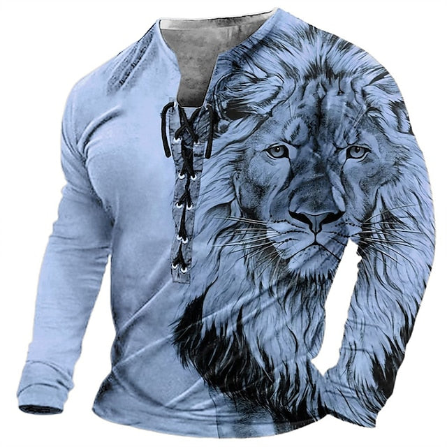 【Rabat fabryczny 45%】【S-4XL】 Męska koszulka z nadrukiem 3D z nadrukiem lwa, na co dzień, z długim rękawem