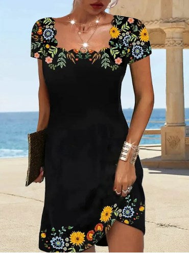 【Oryginalna zniżka fabryczna 45%】2025 Summer Wave Neck Print Short Sleeve Dress