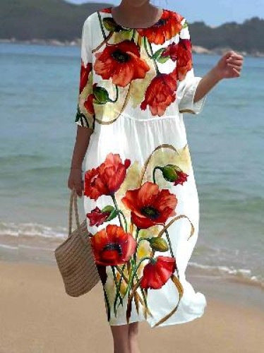 🔥【nowa wiosenna spódnica】🔥【S-5XL】💐2024 Nowa sukienka z okrągłym dekoltem i kwiatowym nadrukiem-3916495