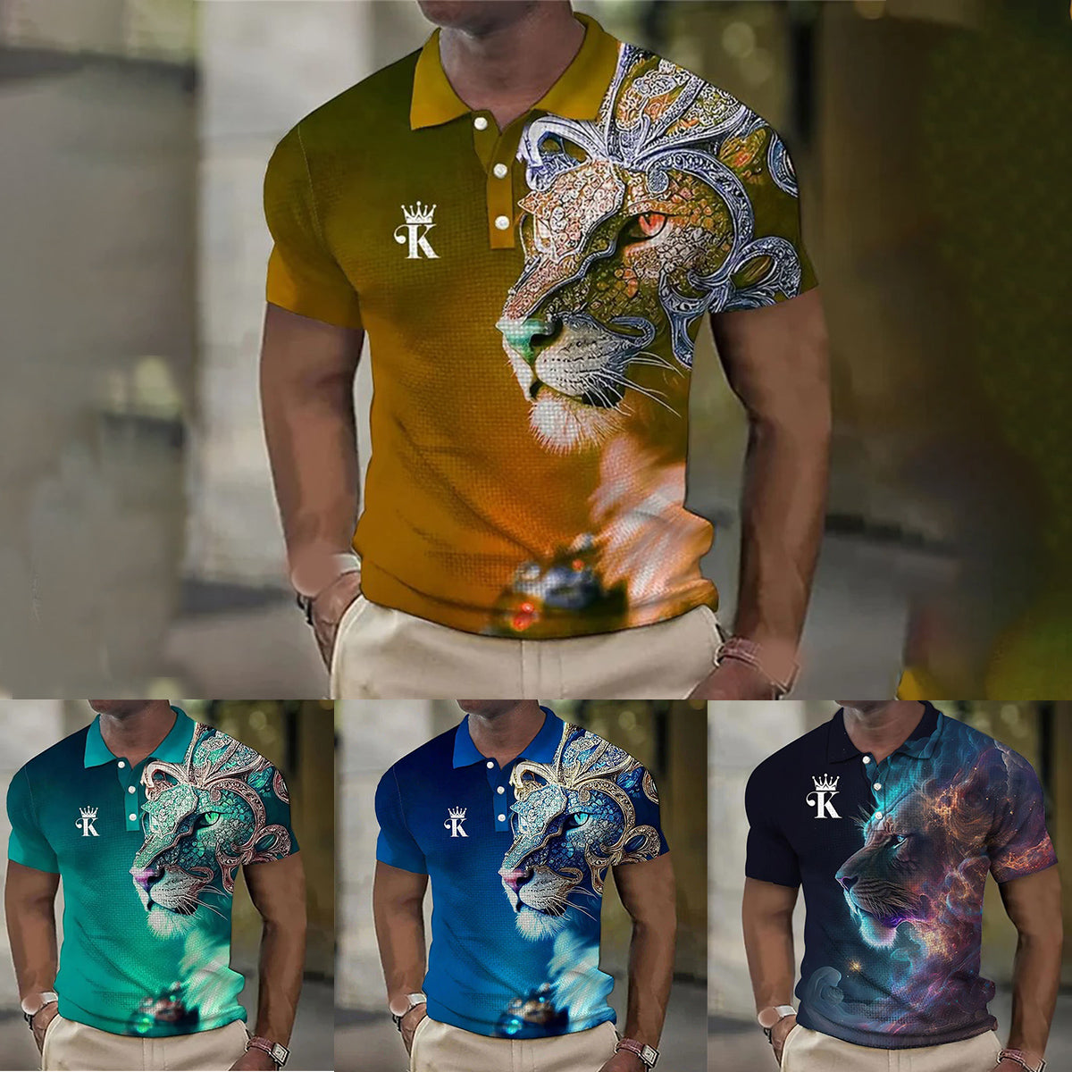 【Novi modeli sniženi 45%.】【S-6XL】Męska koszulka polo z nadrukiem 3D z lwem-3917040