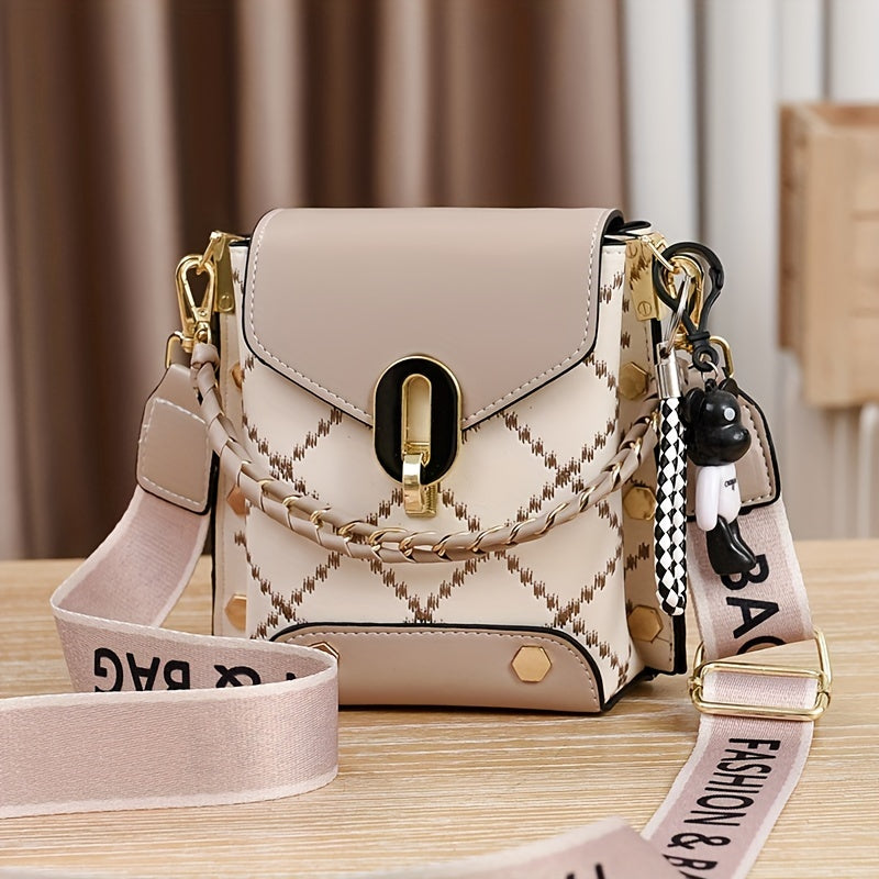 【Oferta ważna tylko dziś】Stylowa dwukolorowa pikowana torba na ramię w kształcie diamentu dla kobiet - swobodna torba na telefon ze złotymi dodatkami, czarno-biały odpinany pasek-3883282