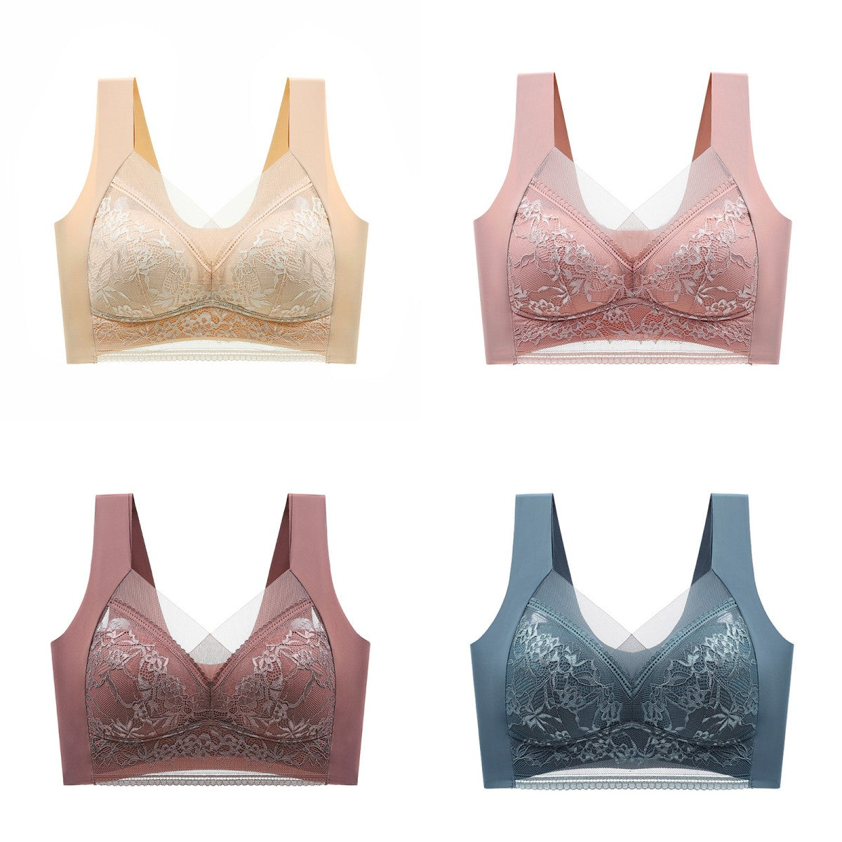 🥰【1 komplet 4 sztuki】👙【40-110 KG】Damski wygodny, bezszwowy koronkowy biustonosz-3878306