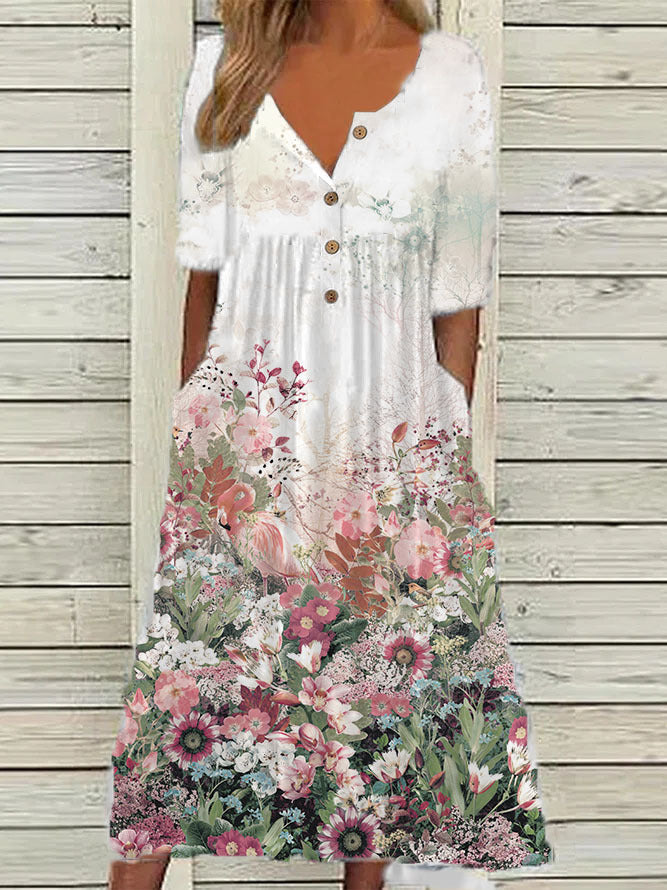 【Oryginalna zniżka fabryczna 45%】Wiosna nowe popularne drukowane V-neck przycisk krótki rękaw sukienka