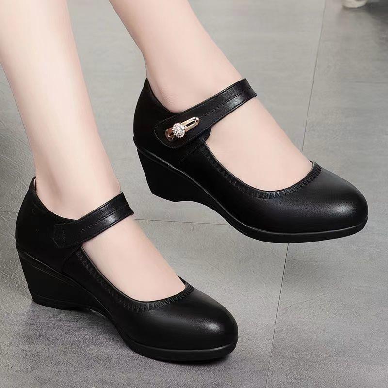👡【35-41】Miękkie skórzane buty na obcasie z miękką podeszwą, antypoślizgowe skórzane buty dla mamy-3900102