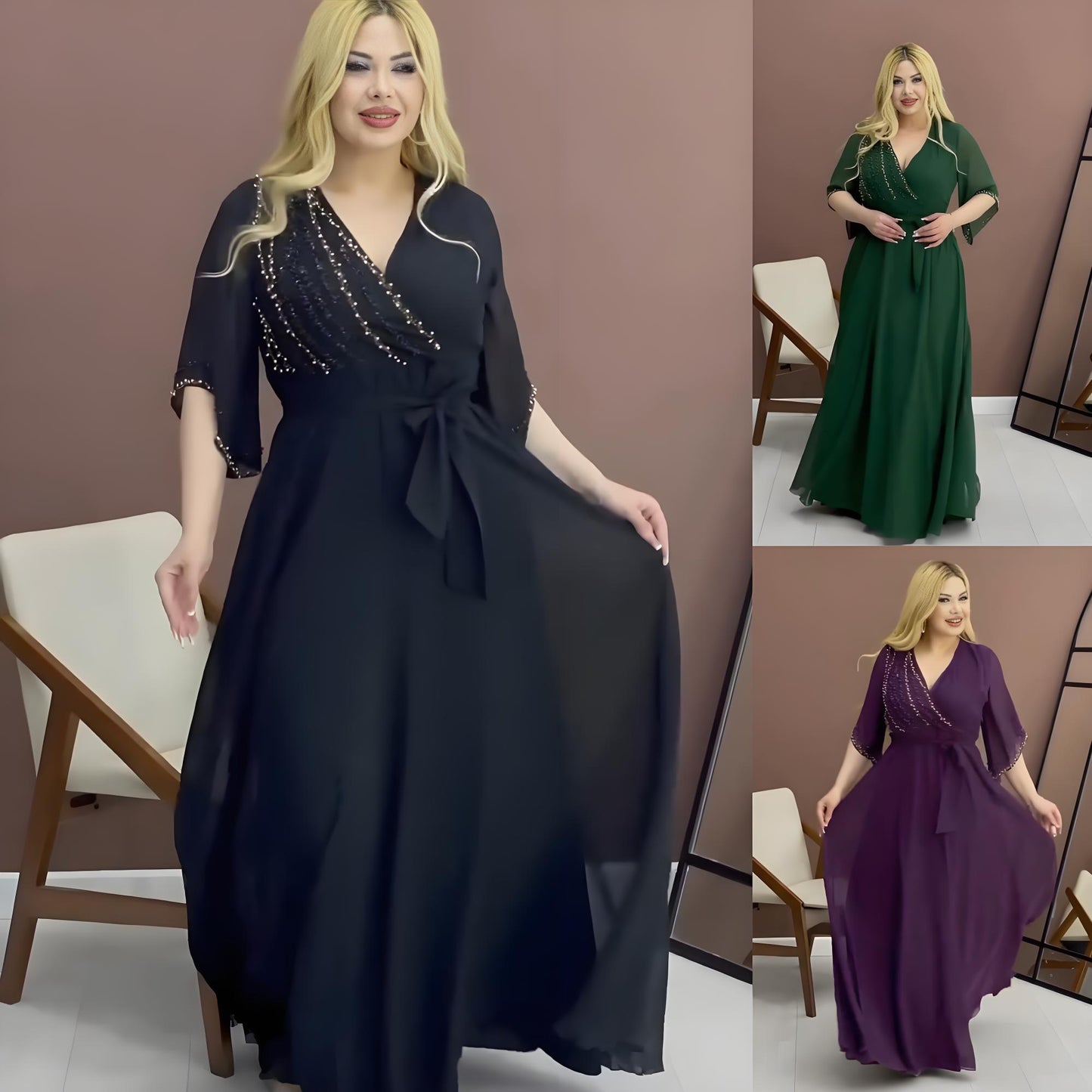 🔥✨【Vânzare fierbinte🔥】【S-5XL】 Rochie de înaltă calitate cu decolteu în V, la modă și elegantă, în stil nou 2025