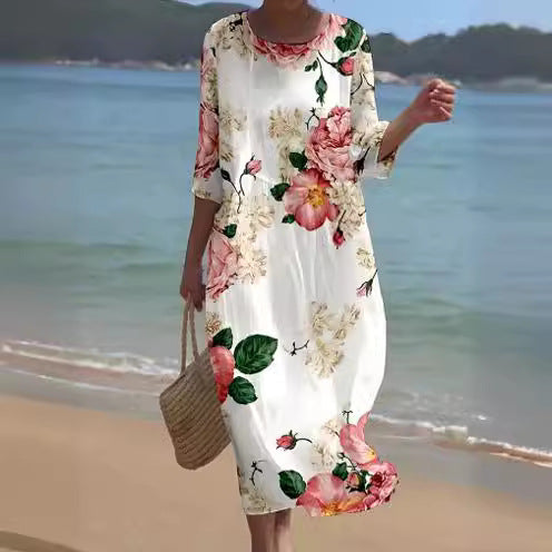 🔥【nowa wiosenna spódnica】🔥【S-5XL】💐2024 Nowa sukienka z okrągłym dekoltem i kwiatowym nadrukiem-3916495