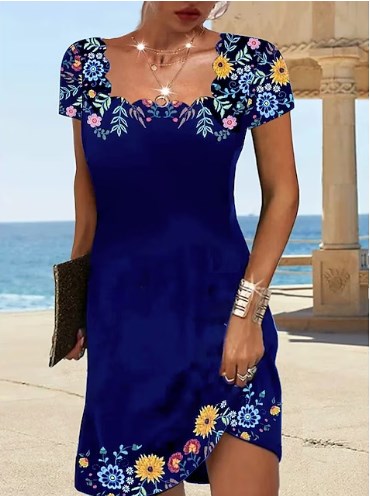 【Oryginalna zniżka fabryczna 45%】2025 Summer Wave Neck Print Short Sleeve Dress