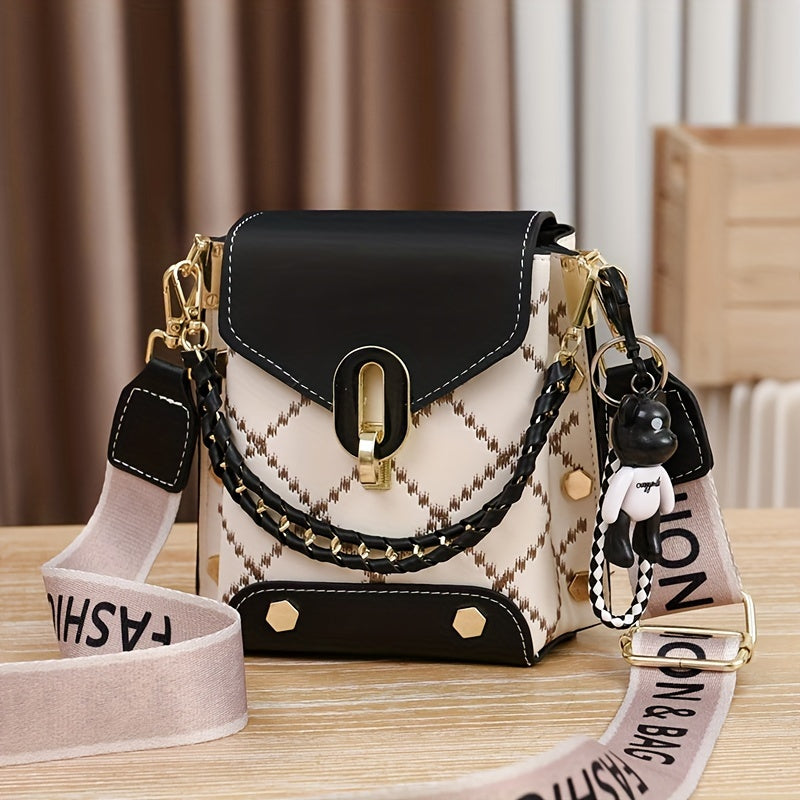 【Oferta ważna tylko dziś】Stylowa dwukolorowa pikowana torba na ramię w kształcie diamentu dla kobiet - swobodna torba na telefon ze złotymi dodatkami, czarno-biały odpinany pasek-3883282