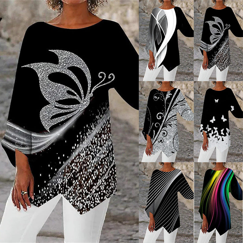 Spring Summer Geometric Print Long Sleeve Patchwork Crew Neck Shirt-3913293