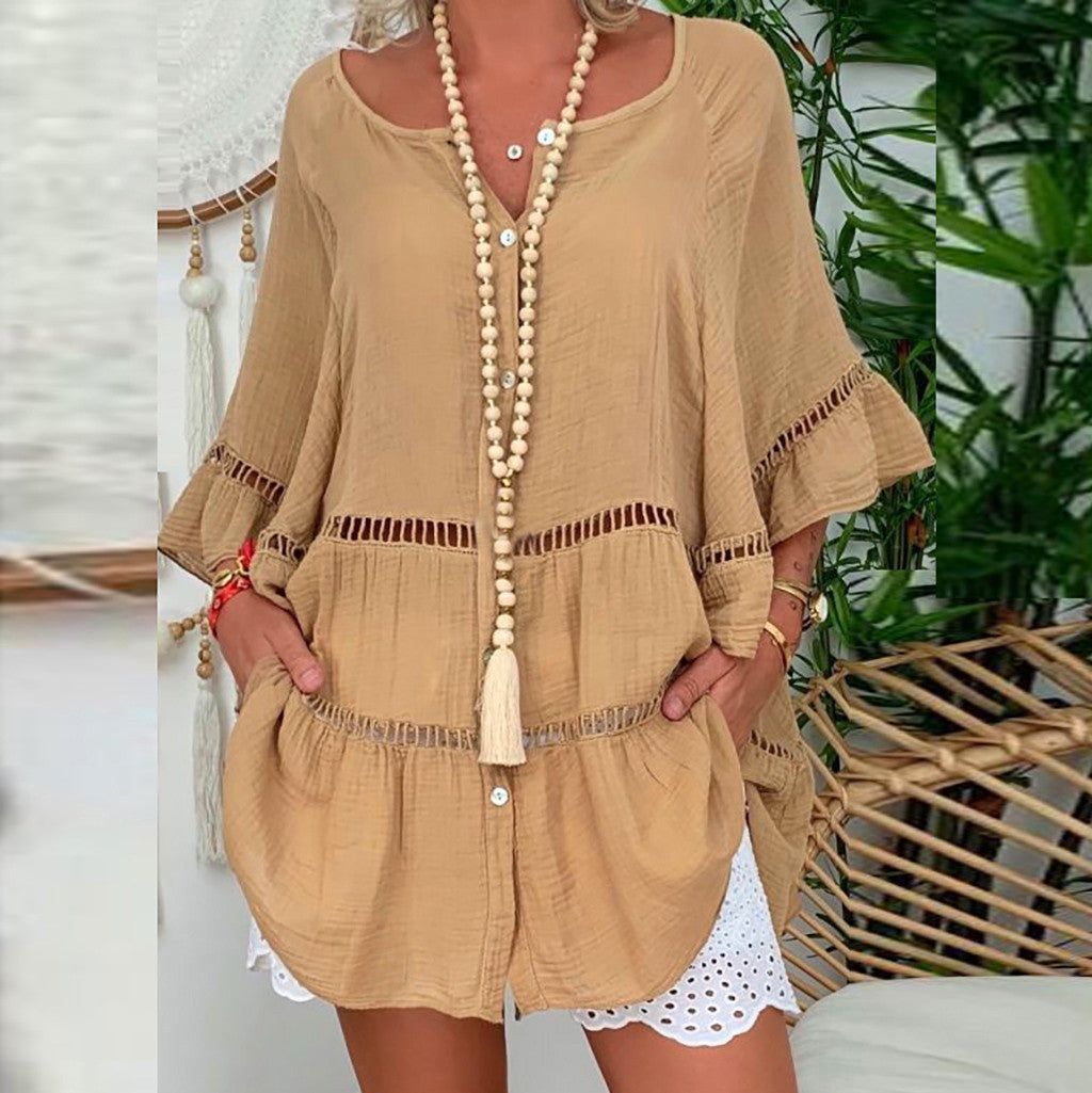 【S-5XL】 Nowy top damski z lnu bawełnianego z luźnym dekoltem w szpic-3923684