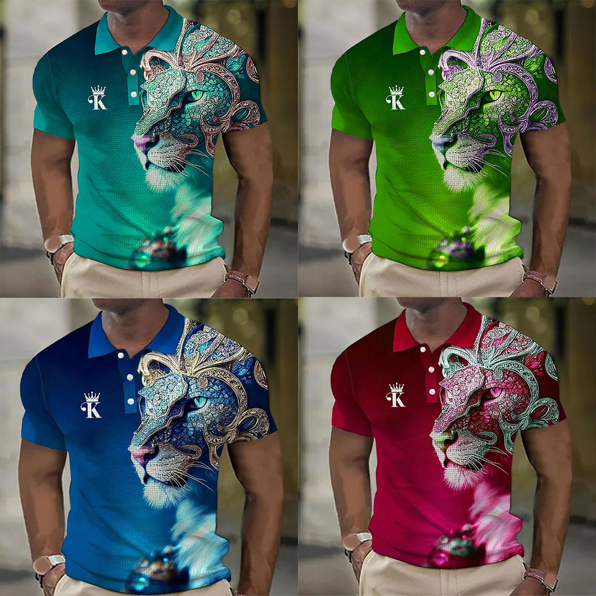 【Novi modeli sniženi 45%.】【S-6XL】Męska koszulka polo z nadrukiem 3D z lwem-3917040