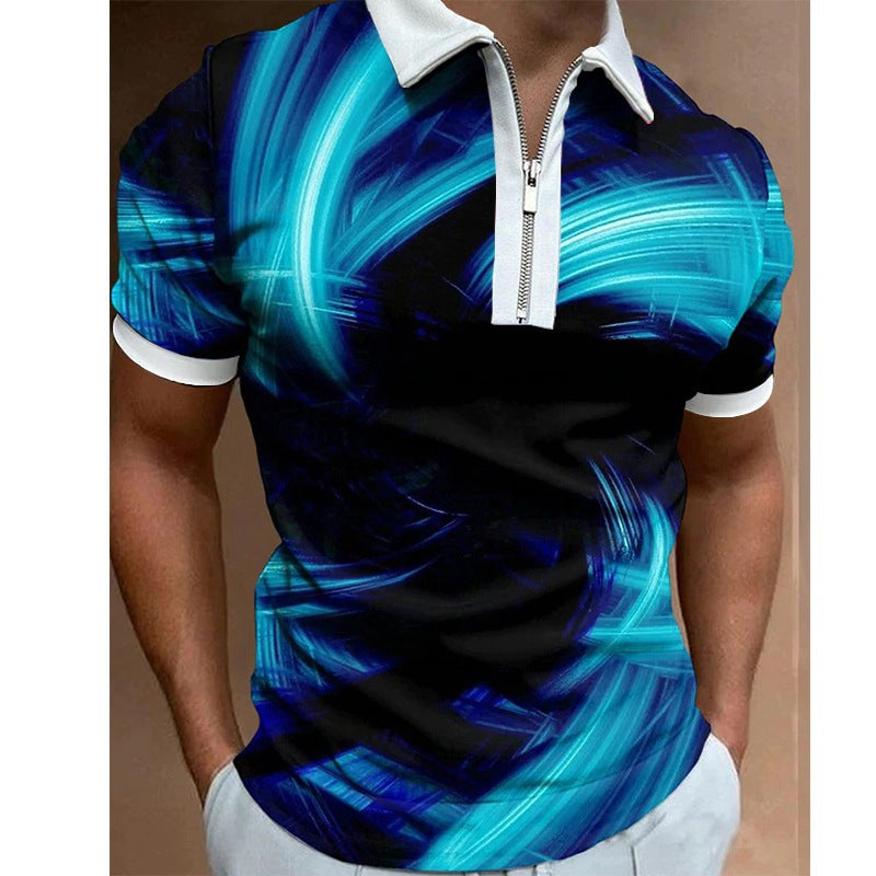 【45% zniżki】Polo pentru bărbați, cu fermoar și rever, casual, imprimat, cu mâneci scurte