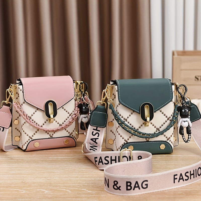 【Oferta ważna tylko dziś】Stylowa dwukolorowa pikowana torba na ramię w kształcie diamentu dla kobiet - swobodna torba na telefon ze złotymi dodatkami, czarno-biały odpinany pasek-3883282