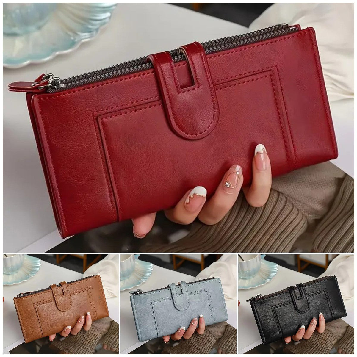 ✨👜 Damski portfel z prawdziwej skóry w stylu vintage, zapinany na podwójny zamek i z wieloma przegródkami na karty-3859960