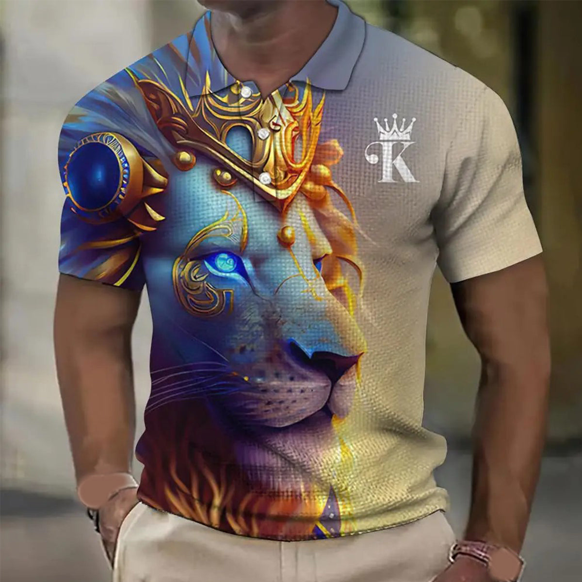 【Novi modeli sniženi 45%.】【S-6XL】Męska koszulka polo z nadrukiem 3D z lwem-3917040