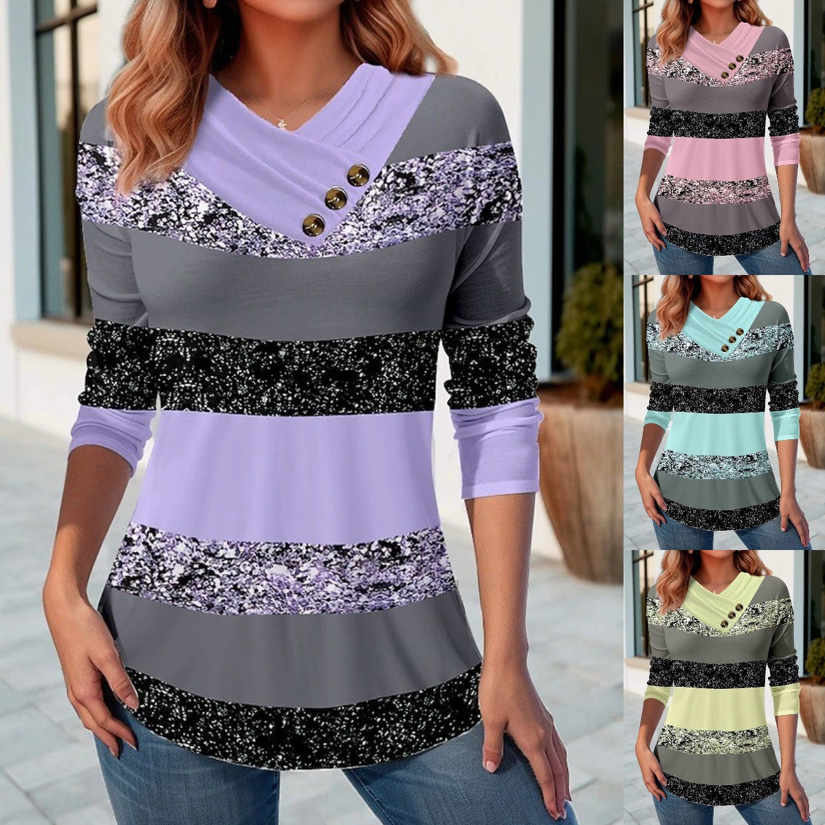 ✨30% OFF✨【S-5XL】Damska nowa bluzka jesienno-zimowa z dekoltem V i kontrastowymi kolorami-3919015