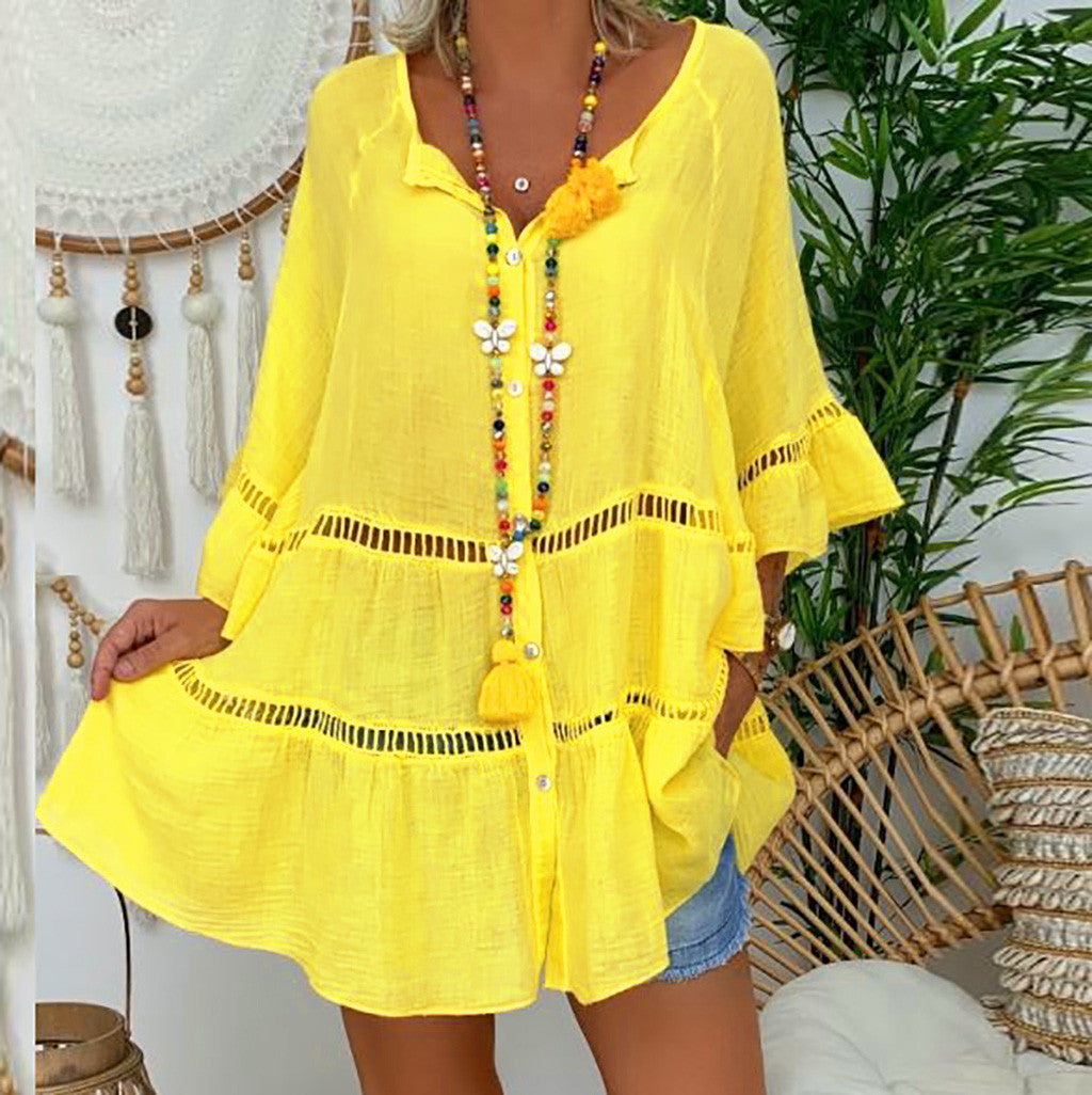 【S-5XL】 Nowy top damski z lnu bawełnianego z luźnym dekoltem w szpic-3923684