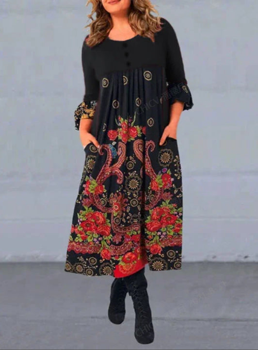 【S-5XL】👗2025 nowa, jesienna i zimowa sukienka na co dzień z długimi rękawami i nadrukiem w stylu retro-3899038