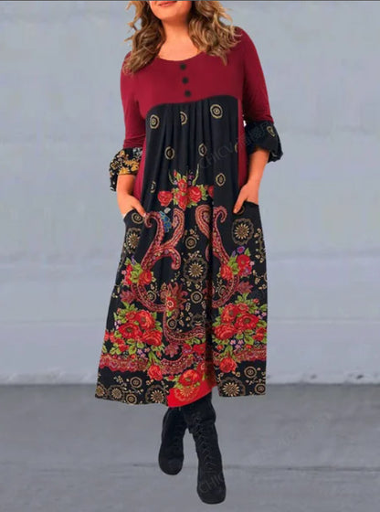 【S-5XL】👗2025 nowa, jesienna i zimowa sukienka na co dzień z długimi rękawami i nadrukiem w stylu retro-3899038