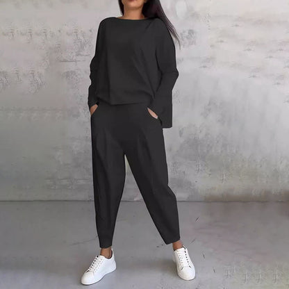 💥Promocja czasowa 50%💖 Zestaw z długim rękawem, bluzka z okrągłym dekoltem i długie spodnie-3827129