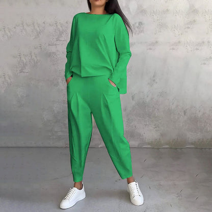 💥Promocja czasowa 50%💖 Zestaw z długim rękawem, bluzka z okrągłym dekoltem i długie spodnie-3875008