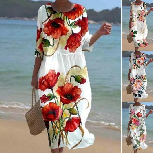 🔥【nowa wiosenna spódnica】🔥【S-5XL】💐2024 Nowa sukienka z okrągłym dekoltem i kwiatowym nadrukiem-3916495