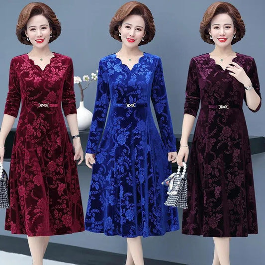 🔥【Bestseller】👗【XL-5XL】Złota aksamitna sukienka z długim rękawem i dekoltem w kształcie litery V 2025-3919035