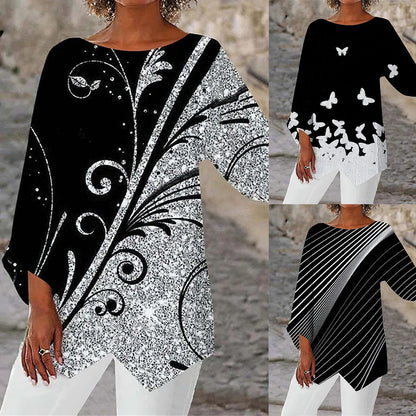 Spring Summer Geometric Print Long Sleeve Patchwork Crew Neck Shirt-3913293