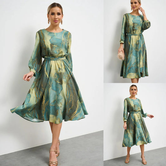 👗 【Wiosenna sukienka wróżki】【S-5XL】 Elegancka zielona sukienka z długimi rękawami i spódnicą🌸💃-3901721