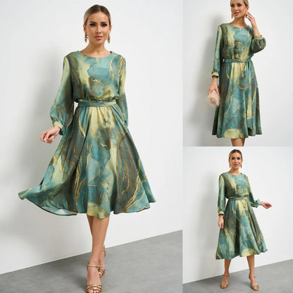 👗 【Wiosenna sukienka wróżki】【S-5XL】 Elegancka zielona sukienka z długimi rękawami i spódnicą🌸💃-3901721