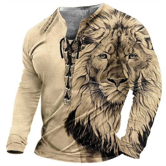【Rabat fabryczny 45%】【S-4XL】 Męska koszulka z nadrukiem 3D z nadrukiem lwa, na co dzień, z długim rękawem