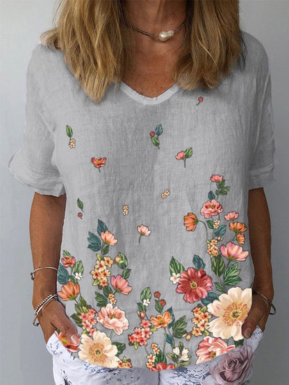 【Wiosenne nowości】【S-5XL】T-shirt z krótkim rękawem i bawełnianą lnianą nadrukiem w kwiaty-3916494