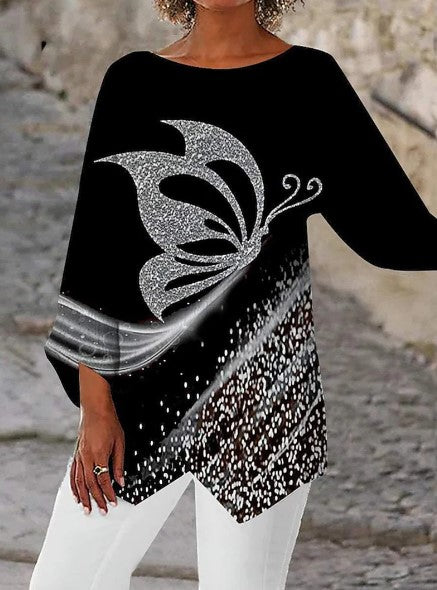 Spring Summer Geometric Print Long Sleeve Patchwork Crew Neck Shirt-3913293