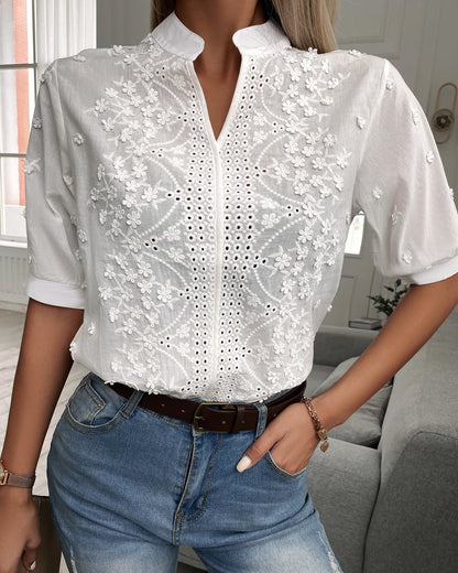 💐👏【Bestseller】【S-2XL】Elegancka bluzka damska w kwiatowy wzór z okrągłym otwarciem i haftem z pół rękawem-3922485